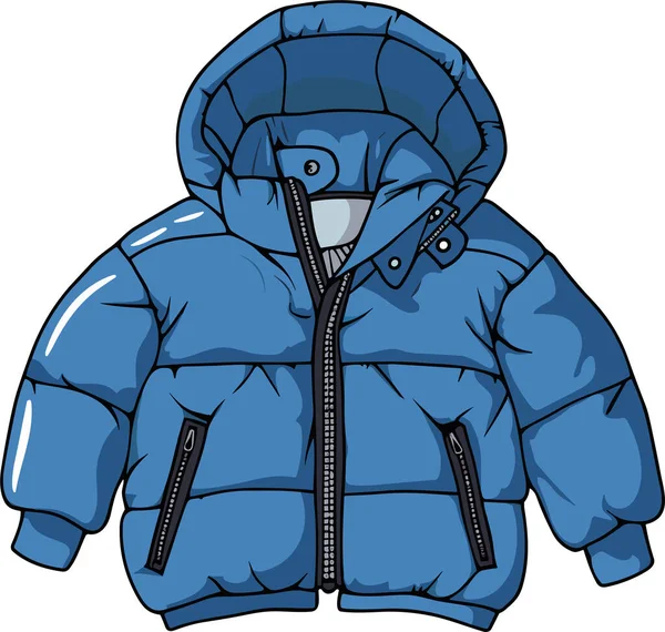 白い背景ベクターのイラストで隔離されたフードが付いている青い冬のダウンジャケット — ストックベクタ