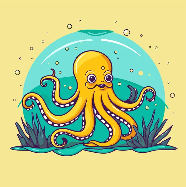 Cute Cartoon Octopus Underwater Vector Illustration — Stock Vector