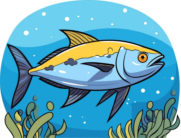 Roztomilý Tuňák Ryby Pod Vodou Kreslený Vektor Ilustrace — Stockový vektor