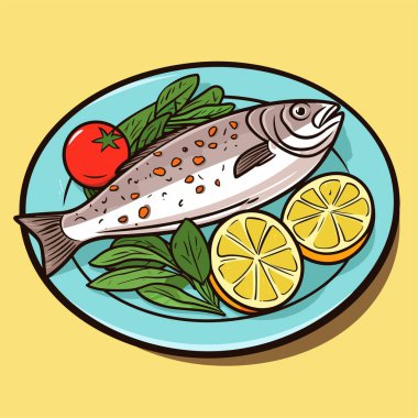 Tabak vektörü çiziminde limonlu ve sebzeli pişirilmiş balık.