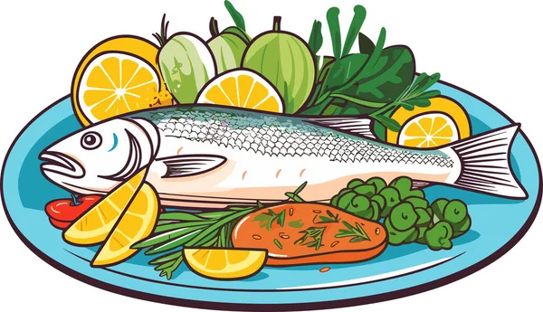 Gekookte Vis Met Citroen Groenten Een Plaat Vector Illustratie — Stockvector