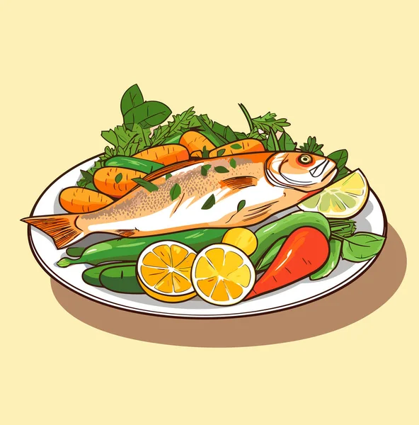 Tabak Vektörü Çiziminde Limonlu Sebzeli Pişirilmiş Balık — Stok Vektör