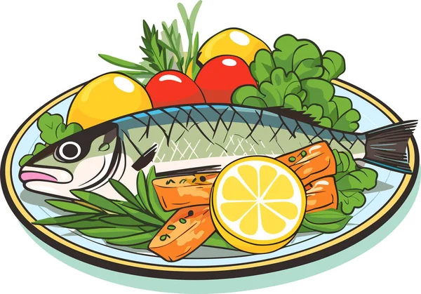 用柠檬和蔬菜在盘子病媒图解上烹调的鱼 — 图库矢量图片