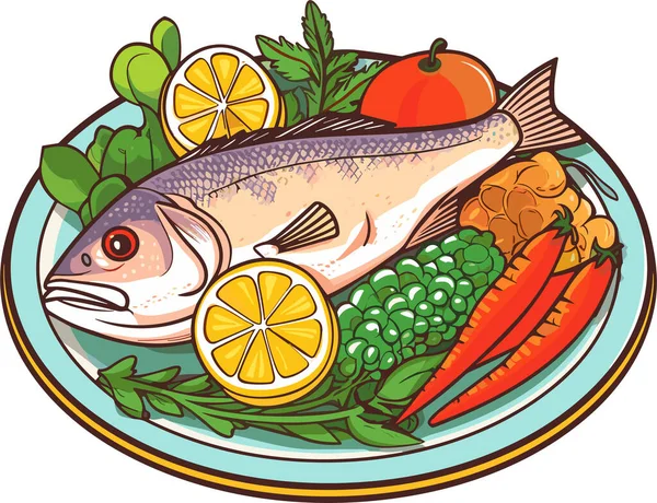 Ψητά Ψάρια Λεμόνι Και Λαχανικά Ένα Πιάτο Διανυσματική Απεικόνιση — Διανυσματικό Αρχείο