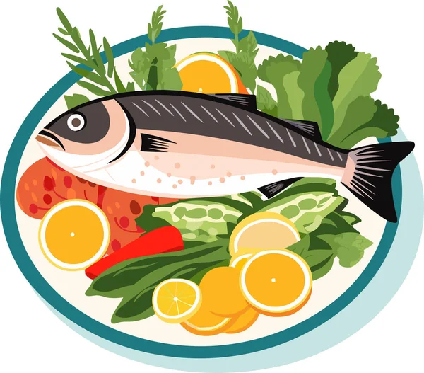 Варёная Рыба Лимоном Овощами Векторной Иллюстрации — стоковый вектор