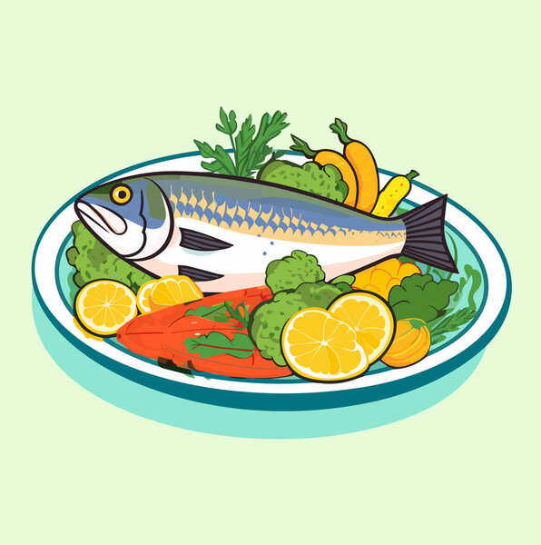 Cooked fish with lemon and and vegetables on a plate vector illustration