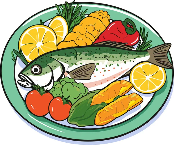 Pescado Cocido Con Limón Verduras Una Ilustración Vectores Plato — Vector de stock