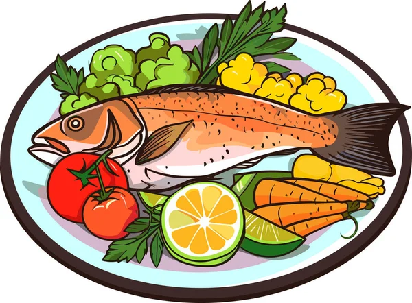 用柠檬和蔬菜在盘子病媒图解上烹调的鱼 — 图库矢量图片