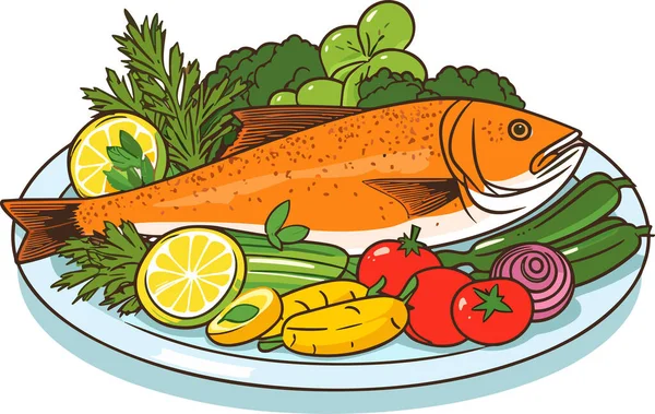 Peixe Cozido Com Limão Legumes Uma Ilustração Vetorial Prato —  Vetores de Stock