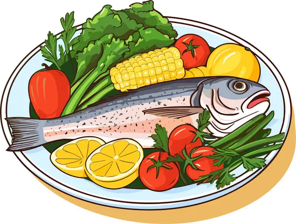 Gekookte Vis Met Citroen Groenten Een Plaat Vector Illustratie — Stockvector