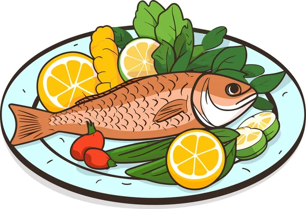Ψητά Ψάρια Λεμόνι Και Λαχανικά Ένα Πιάτο Διανυσματική Απεικόνιση — Διανυσματικό Αρχείο