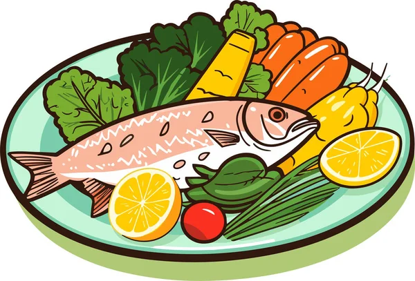 Pesce Cotto Con Limone Verdure Piatto Illustrazione Vettoriale — Vettoriale Stock