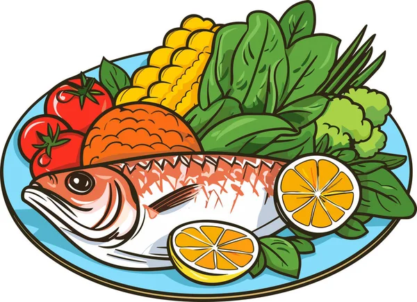 Cooked Fish Lemon Vegetables Plate Vector Illustration — Stock Vector