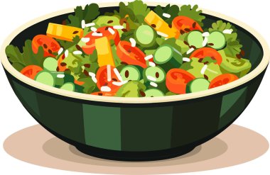 Seramik kasede taze sebze salatası. Taze ve sağlıklı yiyecekler. Vejetaryen beslenmesi. Vektör illüstrasyonu