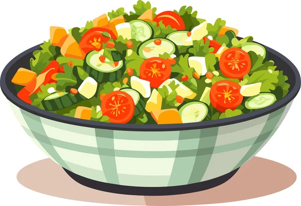 セラミックボウルの新鮮な野菜サラダ 新鮮で健康的な食べ物 ベジタリアン栄養 ベクトルイラスト — ストックベクタ