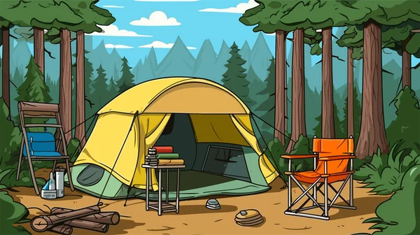 Плакат Летнего Лесного Лагеря Палаткой Стульями Векторная Иллюстрация Подходит Кемпинга — стоковый вектор