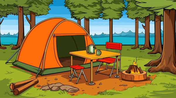 Cartaz Acampamento Floresta Verão Com Tenda Cadeiras Ilustração Vetorial Apropriado — Vetor de Stock
