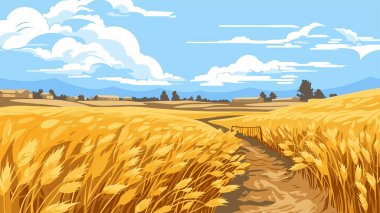 Olgun buğday tarlaları ve arkasında mavi gökyüzü olan kırsal alan. Güneşli bir sonbahar günü. Vektör illüstrasyonu