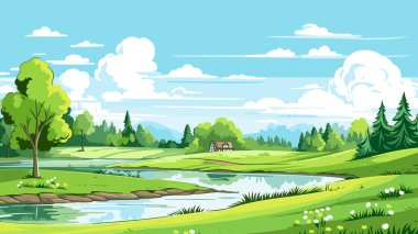 Meadow landscape with grass and river. Blue sky with white clouds. Flat valley landscape. Empty green field on sunny summer day. Vector illustration clipart