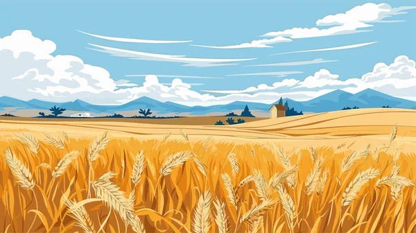 Ländliche Landschaft Mit Reifen Weizenfeldern Und Blauem Himmel Hintergrund Sonniger — Stockvektor