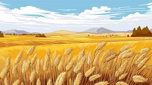 Сельский Пейзаж Спелыми Пшеничными Полями Голубым Небом Заднем Плане Солнечный — стоковый вектор