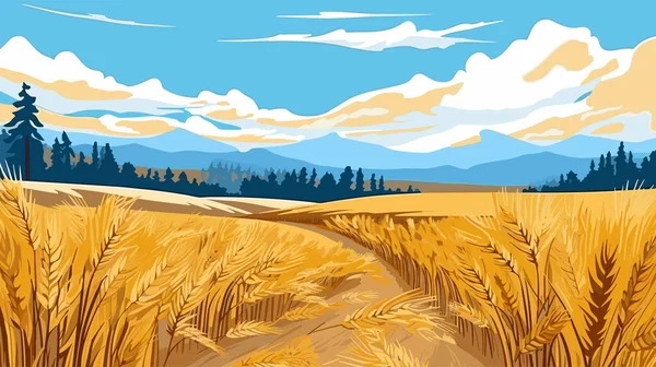 农村风景 背景是成熟的麦田和蓝天 秋天里阳光灿烂 矢量说明 — 图库矢量图片