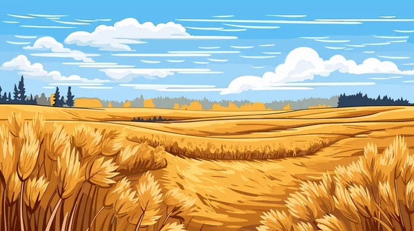 Сельский Пейзаж Спелыми Пшеничными Полями Голубым Небом Заднем Плане Солнечный — стоковый вектор
