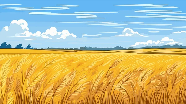 Сільський Пейзаж Стиглими Пшеничними Полями Блакитним Небом Фоні Сонячний Осінній — стоковий вектор