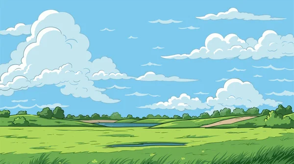 草地上的草原景观 蓝天白云 平坦的山谷景观 夏日阳光明媚 田野空旷 矢量说明 — 图库矢量图片