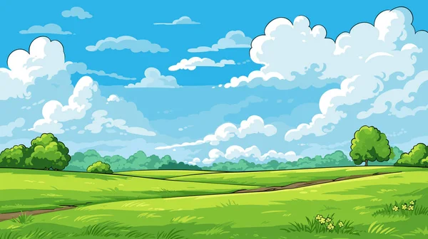 Meadow landscape with grass. Blue sky with white clouds. Flat valley landscape. Empty green field on sunny summer day. Vector illustration
