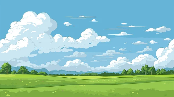 草が付いている影の風景 白い雲で青い空 フラットバレーの風景 晴れた夏の日に空の緑のフィールド ベクトルイラスト — ストックベクタ