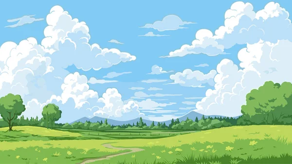 Meadow landscape with grass. Blue sky with white clouds. Flat valley landscape. Empty green field on sunny summer day. Vector illustration