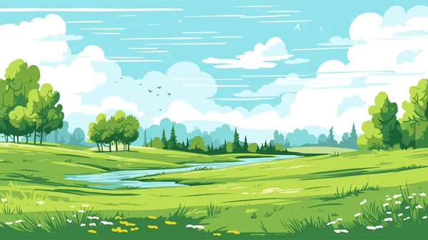 草地和河流构成的草原景观 蓝天白云 平坦的山谷景观 夏日阳光明媚 田野空旷 矢量说明 — 图库矢量图片