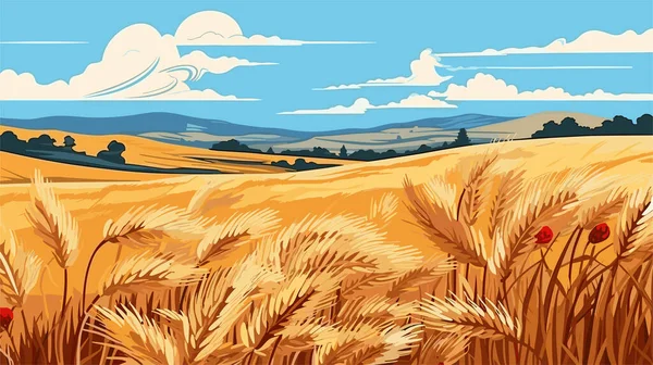 Venkovská Krajina Zralými Pšeničnými Poli Modrou Oblohou Pozadí Slunečný Podzimní — Stockový vektor
