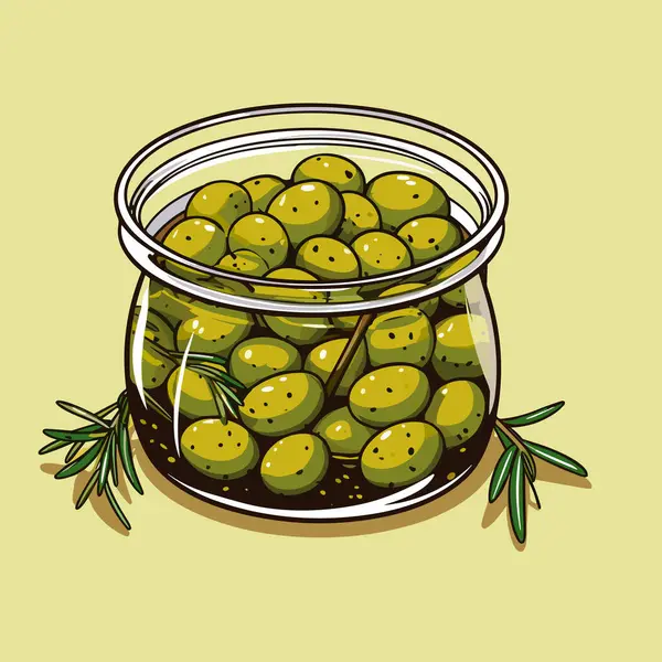 玻璃瓶中的罐装橄榄 以复古写生的素描风格描绘食物的矢量轮廓 — 图库矢量图片