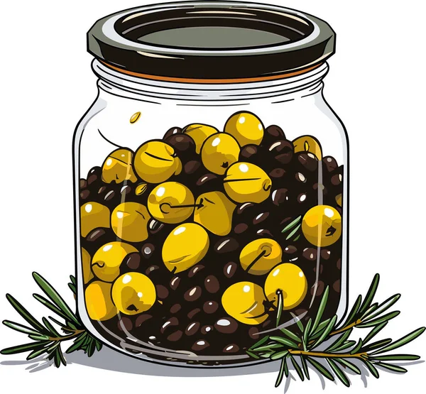 Olive Scatola Vaso Vetro Illustrazione Vettoriale Delineare Prodotto Alimentare Stile — Vettoriale Stock