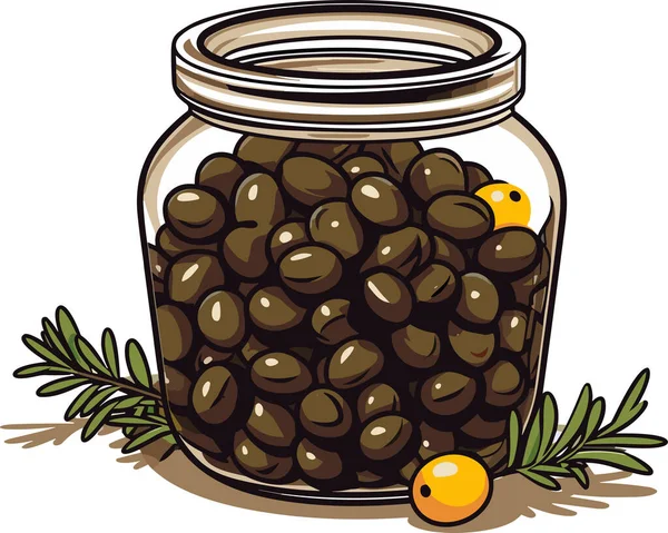 Olive Scatola Vaso Vetro Illustrazione Vettoriale Delineare Prodotto Alimentare Stile — Vettoriale Stock