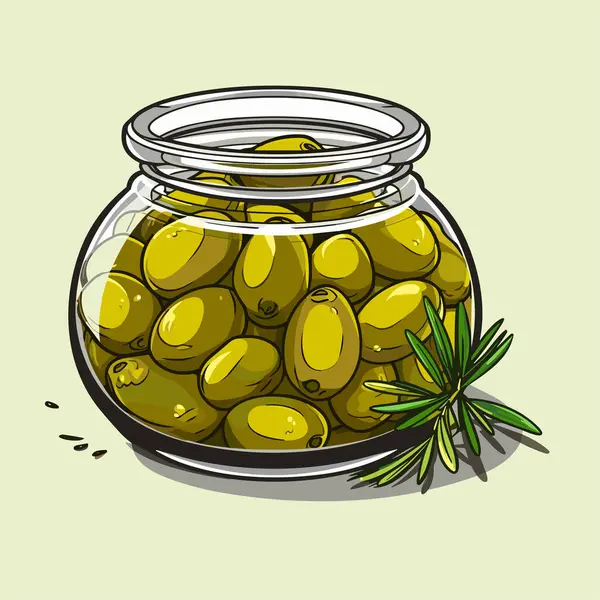 玻璃瓶中的罐装橄榄 以复古写生的素描风格描绘食物的矢量轮廓 — 图库矢量图片