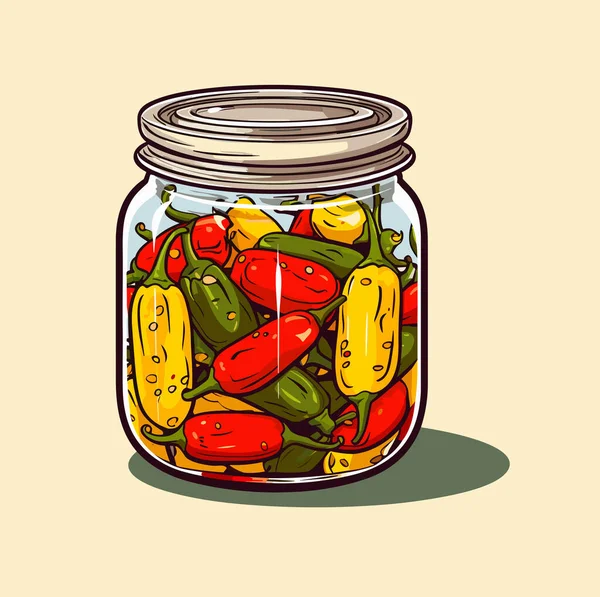ジャーは野菜を保存した 漬け唐辛子のことができます 漫画のガラスの缶詰食品 食料品保存容器 — ストックベクタ