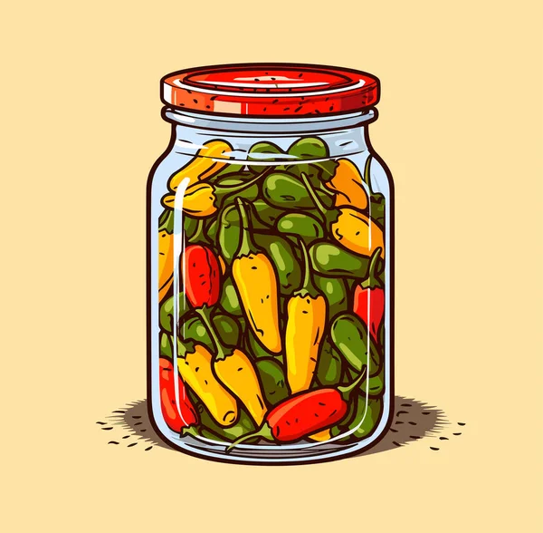 Kruik Geconserveerde Groenten Een Blik Gepekelde Peper Cartoon Blikvoer Glas — Stockvector