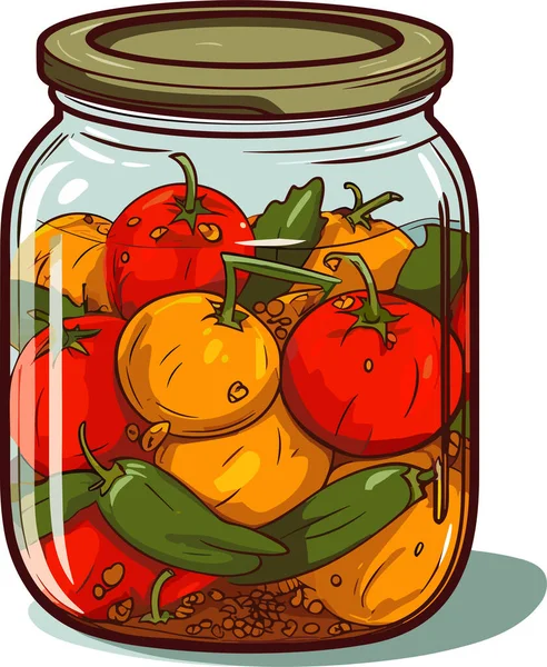 罐装蔬菜 可以腌制西红柿和胡椒 玻璃杯里的卡通罐头食物 食品保鲜容器 — 图库矢量图片