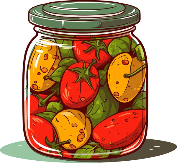 Τηγανητά Λαχανικά Τομάτες Τουρσί Και Πιπέρι Καρτούν Κονσερβοποιημένα Τρόφιμα Γυαλί — Διανυσματικό Αρχείο