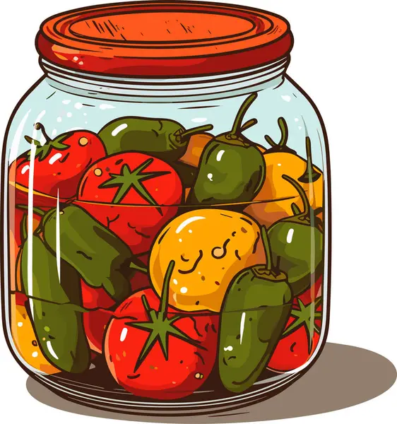 Jar Diawetkan Sayuran Sekaleng Tomat Acar Dan Lada Kartun Kaleng - Stok Vektor