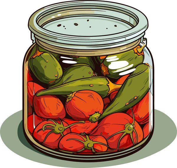 항아리는 야채를 보존했다 토마토와 후추의 있습니다 유리에 통조림 식료품 — 스톡 벡터