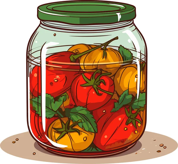 Słoik Warzywami Puszka Marynowanych Pomidorów Pieprzu Kreskówkowe Konserwy Szkle Pojemnik — Wektor stockowy