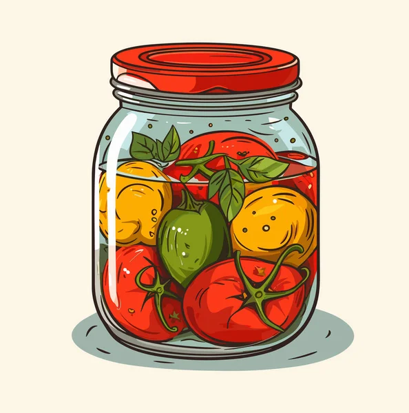 Słoik Warzywami Puszka Marynowanych Pomidorów Pieprzu Kreskówkowe Konserwy Szkle Pojemnik — Wektor stockowy
