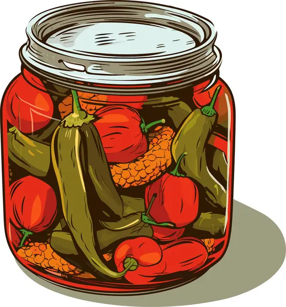 ジャーは野菜を保存した トマトとコショウを漬けることができます 漫画はガラスで食べ物を缶詰にした 食料品コンテナ — ストックベクタ