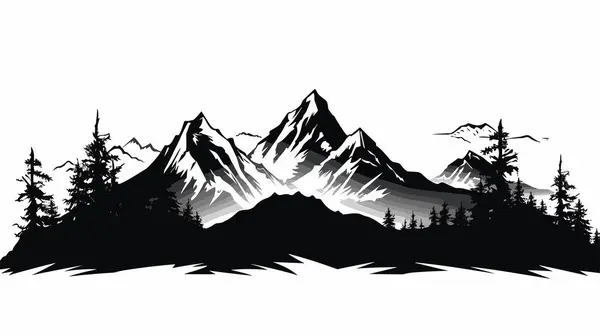 Чорно Білий Пейзаж Панорама Гір Ранковому Тумані Векторні Ілюстрації — стоковий вектор