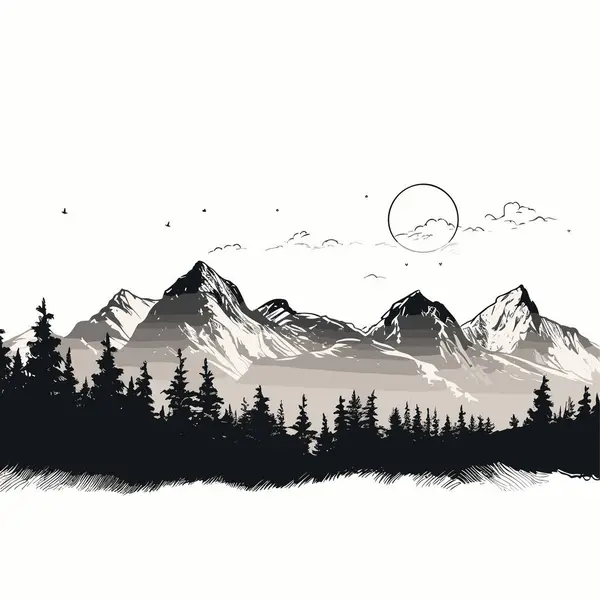 Paysage Noir Blanc Panorama Des Montagnes Matin Brume Illustration Vectorielle — Image vectorielle
