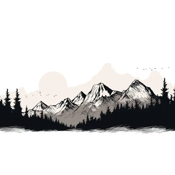 Schwarz Weiße Landschaft Bergpanorama Morgennebel Vektorillustration — Stockvektor
